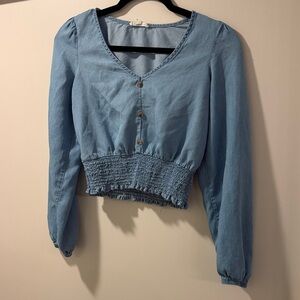 Light Blue V-Neck Smocked Waist Long Sleeve Top
